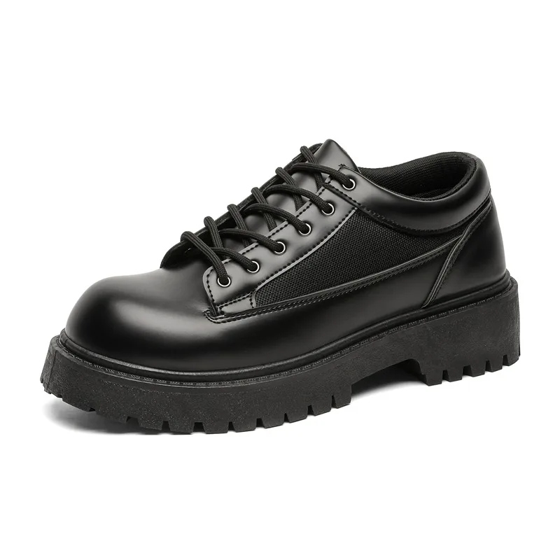 

2025New Casual Men's Pure Black Lace-up Height-increasing Business-style Low-heeled, Comfortable and Durable Small Leather Shoes