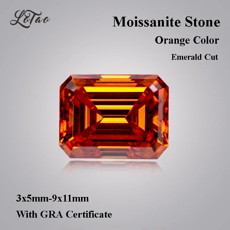 

Moissanite Stone Orange Color Emerald Cut Lab Grown Diamond Charms Ring Necklace Earrings Main Materials With GRA Certificate