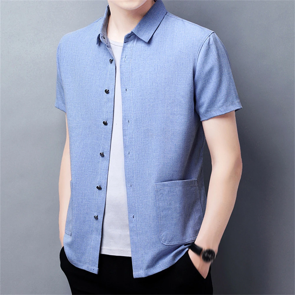 Men's Thin Summer Cotton Linen Short-sleeved Shirt Male Single Breasted Fashion Pockets Breathable Loose Casual Cardigan Tops