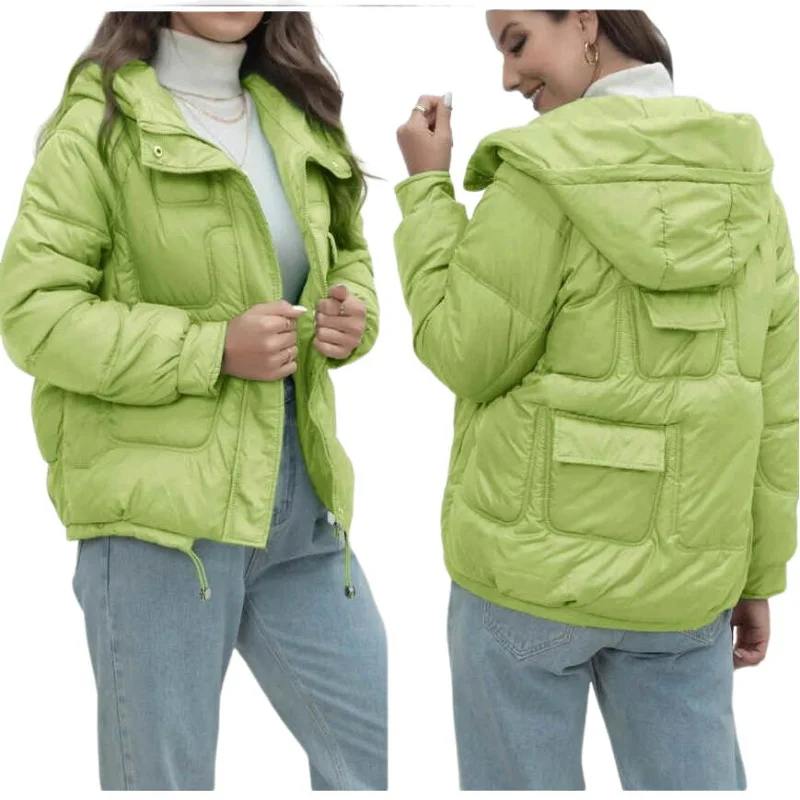 Fashion Cotton Jacket Women's Winter Thick Back Pocket Decoration Hooded Coat Bright Colored Bread Jacket