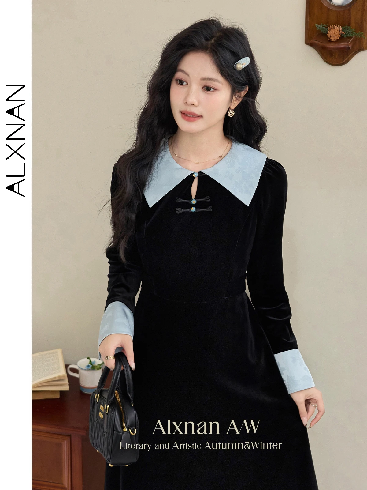 

ALXNAN Velvet Warm Dresses for Women Patchwork Lapel Collar Knot Button Long Sleeve Midi Dress 2024 Winter Slim Clothing L52212