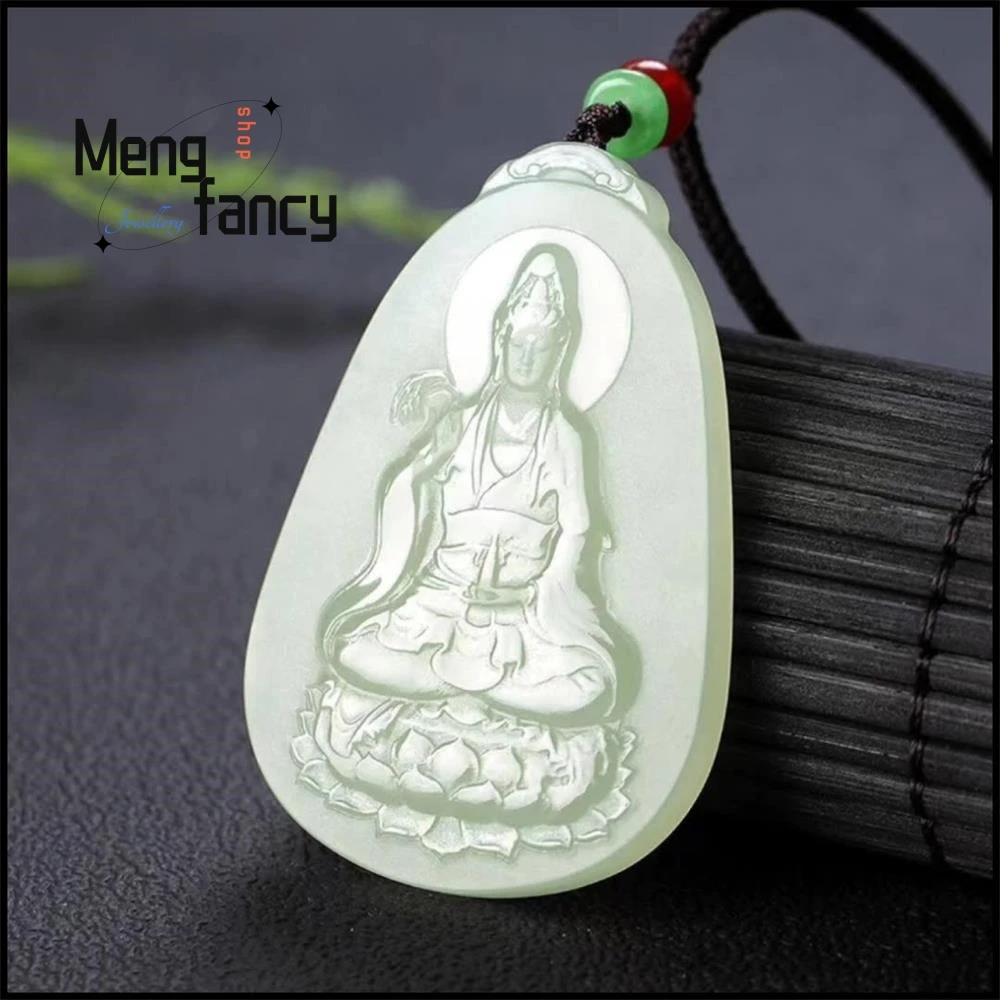 

Natural Hetian Green White Jade Guanyin Pendant Exquisite Elegant Simple High-grade Fashion Jewelry Best Selling Buddhist Amulet