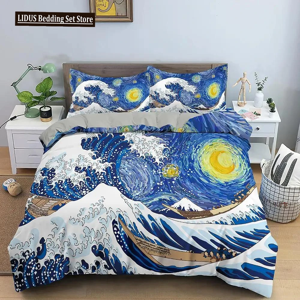 

Wave Duvet Cover Set For Kids Teens Adult King Size Abstract Blue Ocean Comforter Cover Waves Sailing Moon Polyester Bedding Set