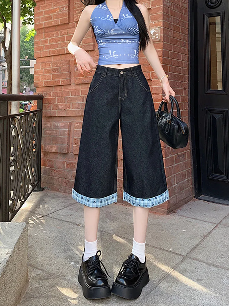 

Американские джинсы в клетку High Street с вышивкой, женские летние новые свободные прямые брюки, средняя ширина, широкие брюки, семь...