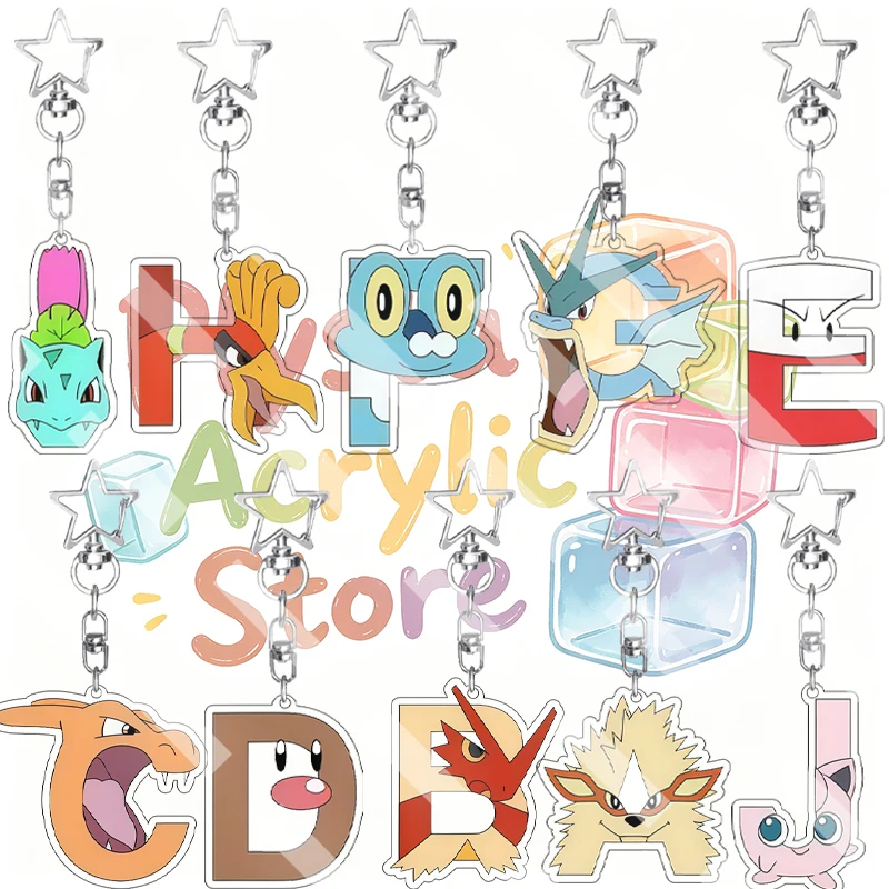 Anime Pocket Monsters 26 Letter Character Acrylic Keychain Bulbasaur Gyarados Charizard Jigglypuff Jolteon Bag Pendant Charm Toy