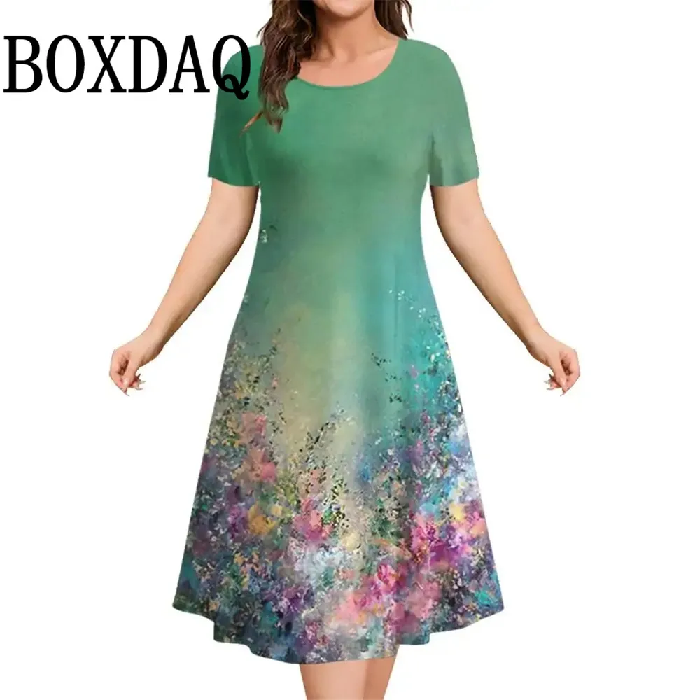 2025 novos vestidos femininos 3d flores padrão impressão manga curta vestido solto casual moda a linha vestido de verão vestidos tamanhos grandes