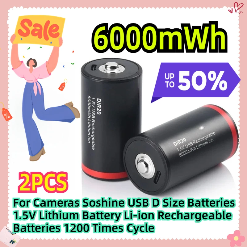 

For Cameras Soshine USB 6000mWh D Size Batteries 1.5V Lithium Battery 6000mWh Li-ion Rechargeable Batteries 1200 Times Cycle