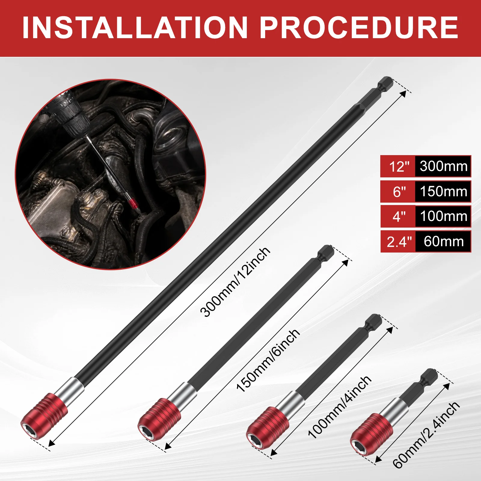 4Pcs Hexagonal Handle Red Extended Quick Release Self-locking Extension Rod 60 100 150 300 300mm Screwdriver Extension Rod Tool