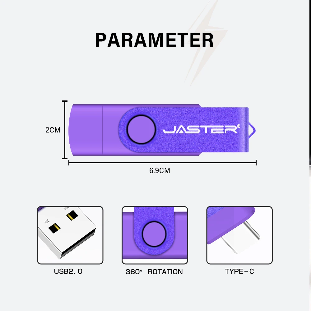 JASTER-unidad Flash USB de alta velocidad para teléfono móvil, Pen Drive 2 en 1 de TYPE-C, 128mb, color morado, giratorio, 64GB, con llavero, color verde, 2GB y 4GB