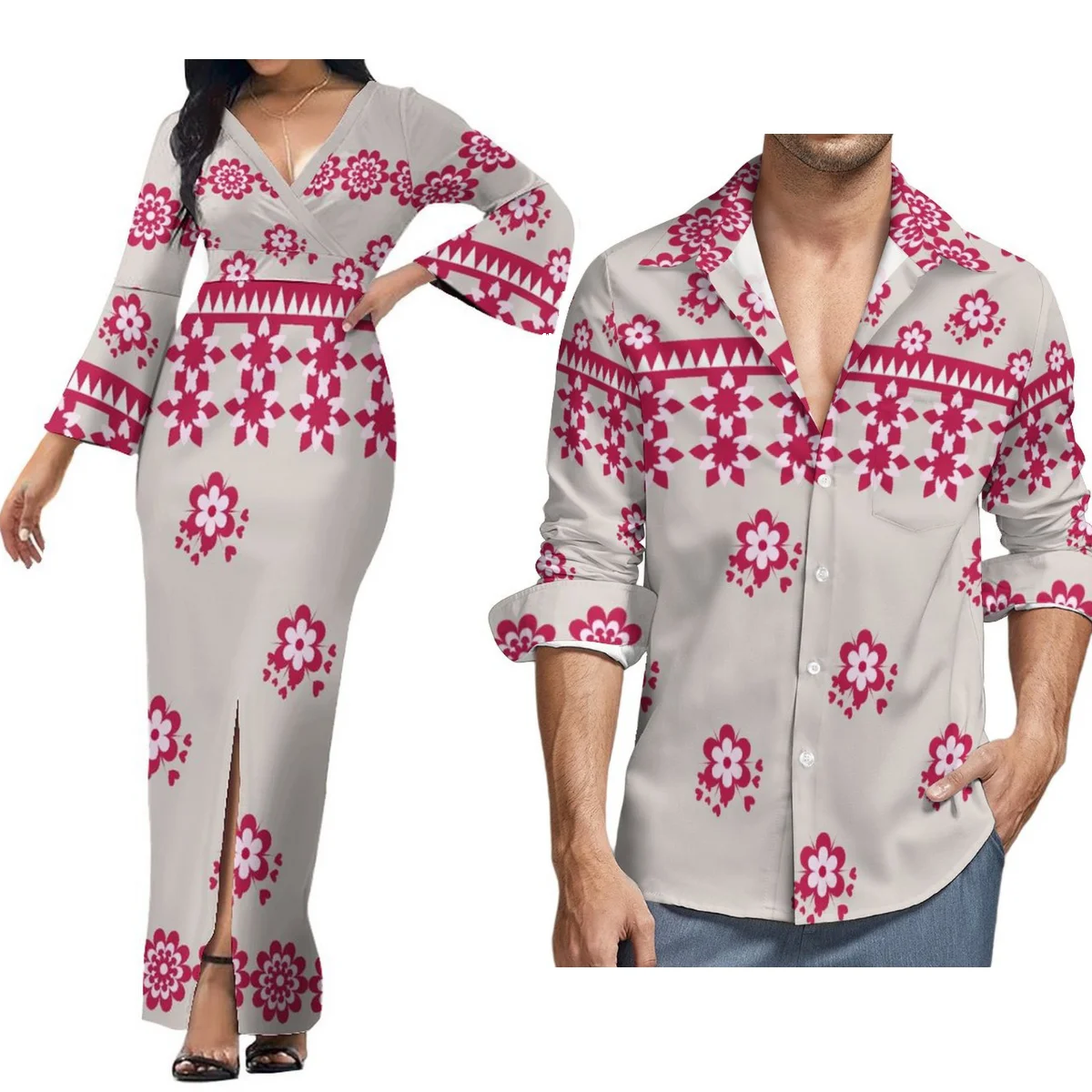 Personalizado estilo ilha polinésia samoa-fiji plus size casal conjunto vestido feminino praia festa saia dividida e camisa aloha masculina