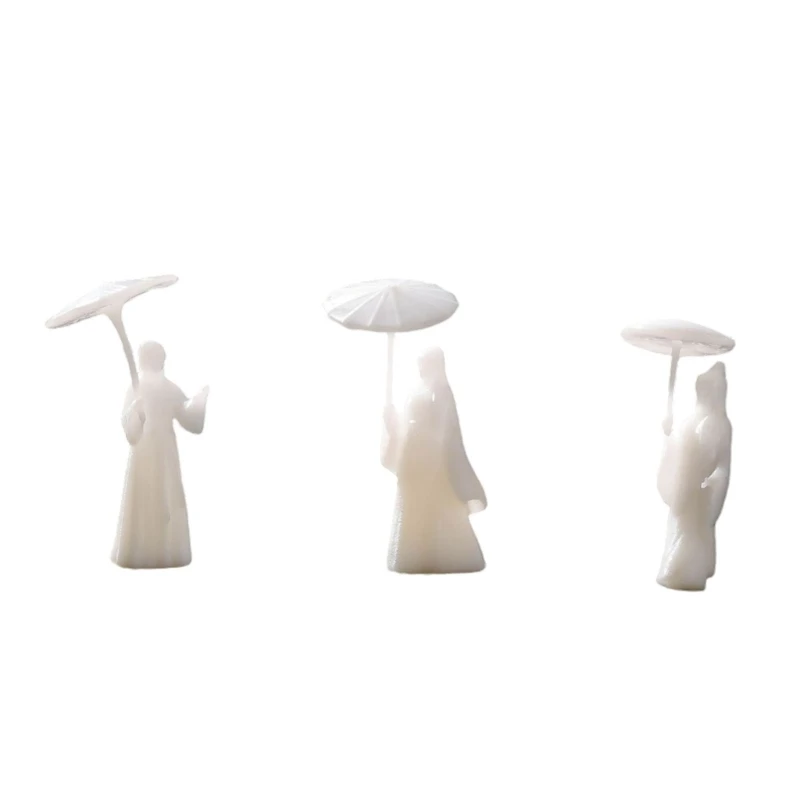 Chinese Historical Umbrella Girls Sculptures Traditional Ancient Minaitures Ornaments Set of 3 for Collectors Decoration