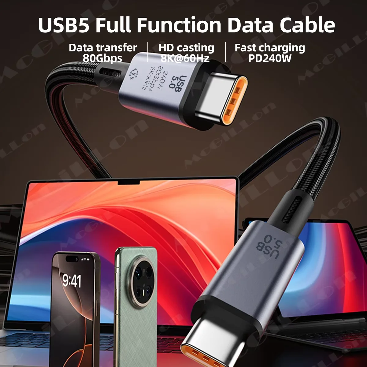 USB5 Cable 80Gbps 240W 8K for Thunderbolt 5 Type C Fast Charging Thunderbolt 4 USB 5.0 USB-C to C Data Transfer Cable for Laptop