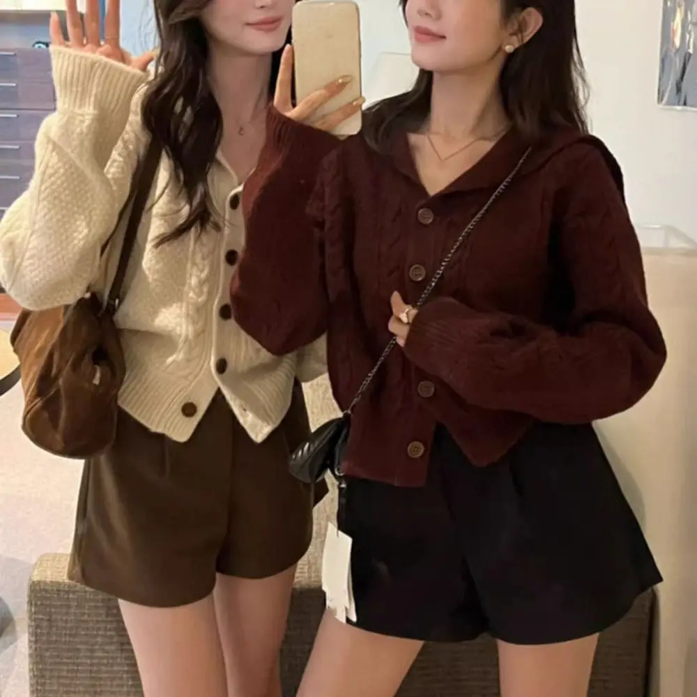 

Flip Collar Grid Crochet Sweater Autumn Spring Loose Cardigans Women Y2K Preppy Style Ladies Tops Slim Crop Coats Streetwear