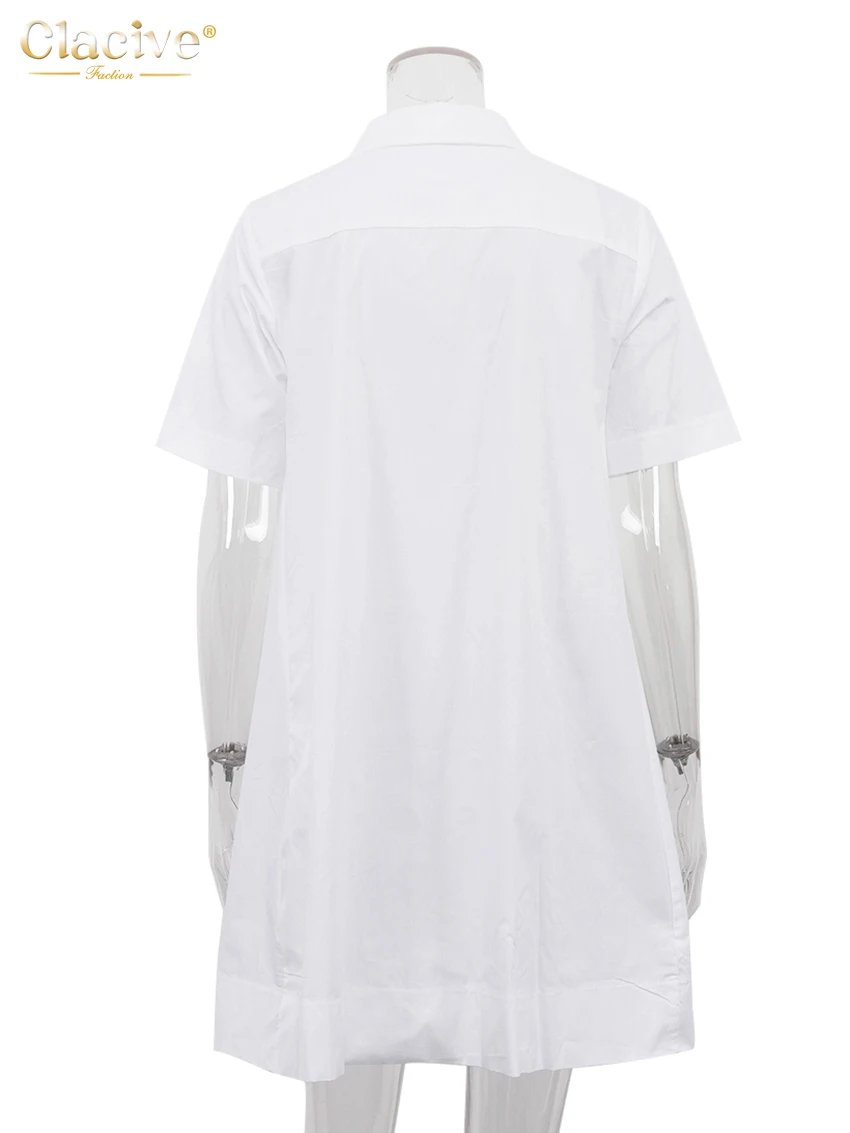 Clacive Summer Loose White Cotton Women's Dress 2025 Casual Lapel Short Sleeve Mini Dresses Elegant Classic Solid Female Dress