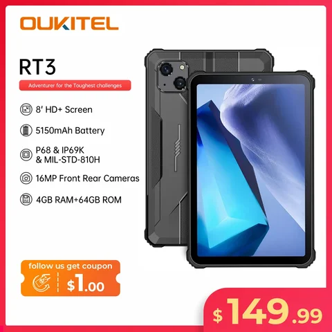 Oukitel RT3 Rugged Tablet 8 Inch HD+ 5150 mAh 4GB+64GB Android 12 Mtk Helio P22 16MP Camera Pad