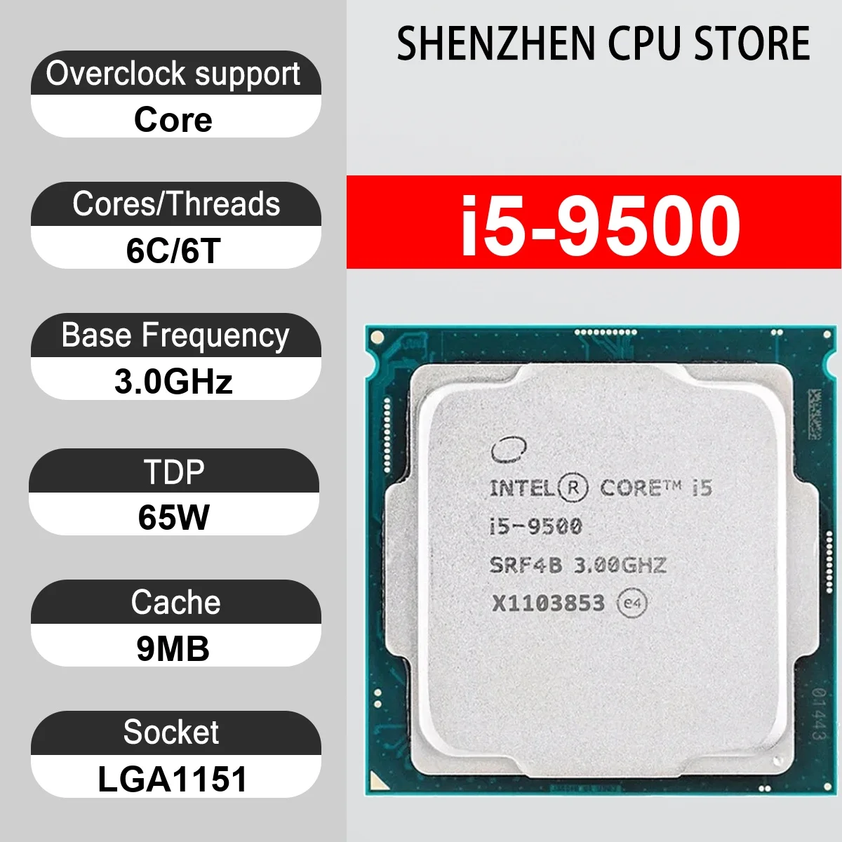 Intel Core i5-9500 6 Core 6 Thread 3.0GHz 65W 9MB Cache 14nm LGA1151 SRF4B DDR4 2666 MHz Coffee Lake Refresh UHD Graphics 630