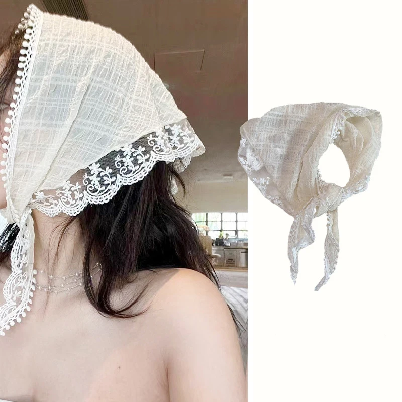 

French Style Hair Scarf Hair Bandanas Chiffon Head Kerchief Vintage Lace Triangular Headband For Women Headwrap