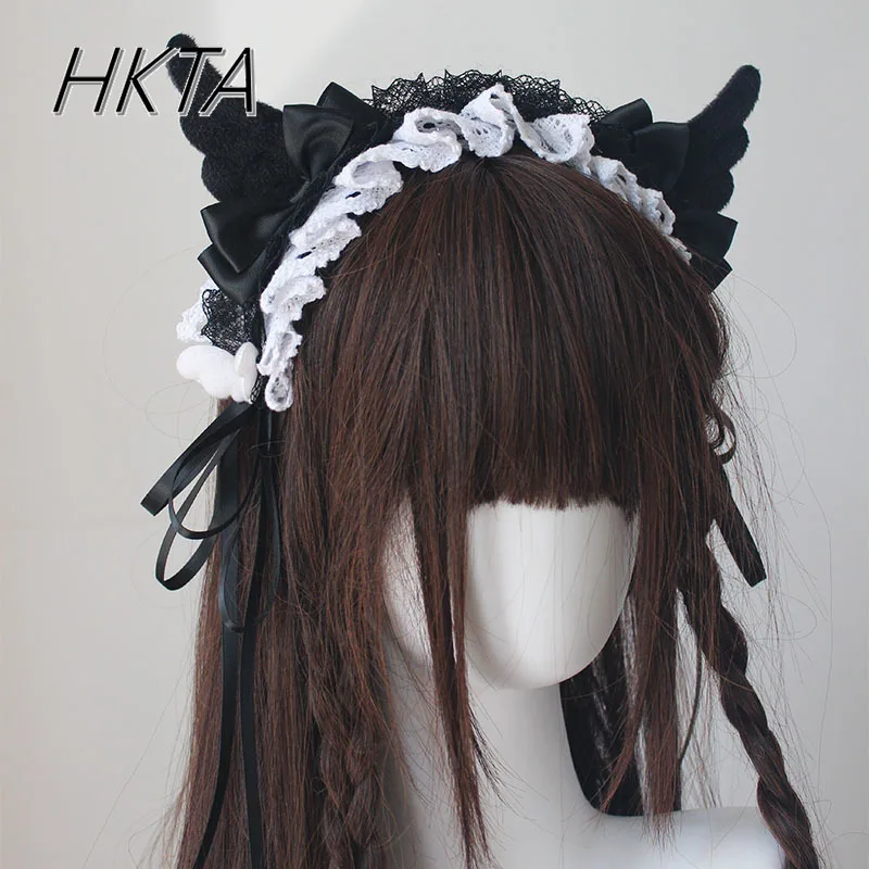 Original Lolita Hairpin Cute Angel Wings Black and White Headband Bow Kc Hottie Maid Soft Girl Hair Bow Y2K Headgear Accessories