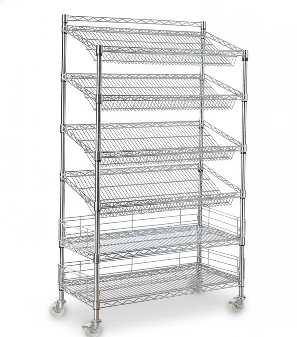 4-Tier Wire Basket Shelving, Q235 Carbon Steel Wire Rack Shelving, 200kg/Layer Powder Coated Adjustable Metal Commercial Rack