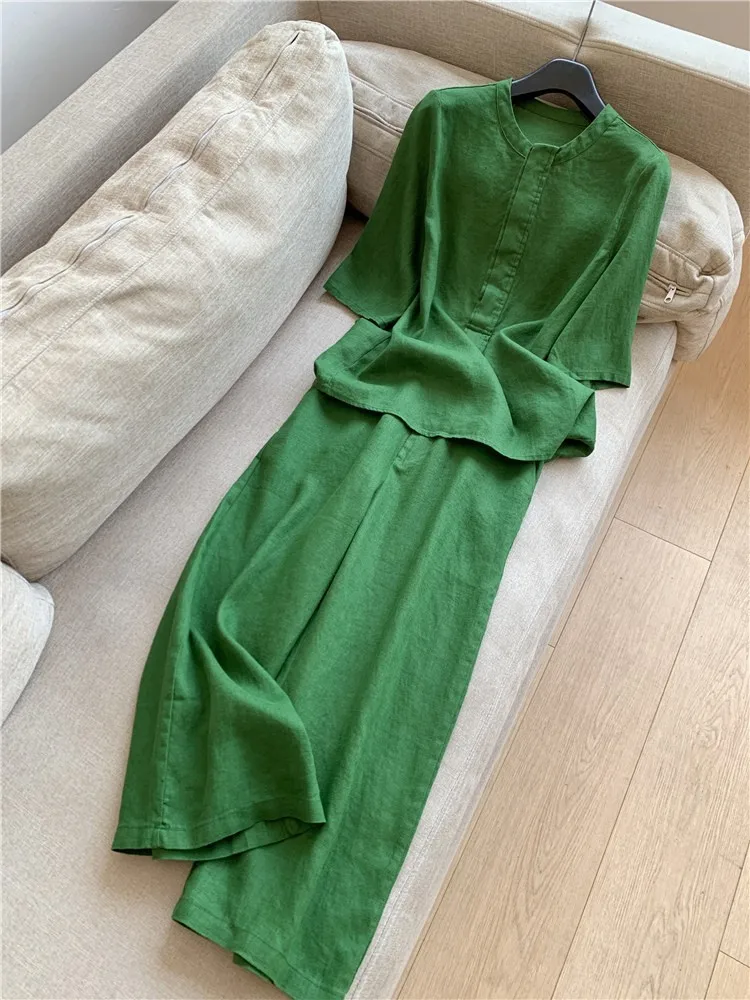 

2025 Spring Summer Fashion New Solid Color Loose 2 Piece Sets Women's Casual Round Collar 3/4 Sleeve Long Pants Two Piece Set