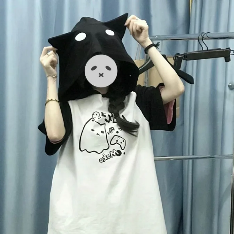 T-shirt Hoodie Short Sleeved Pixiv Ghost Cats Y2k Streetwear Ears Hooded Woman Summer Japan Lovely Soft Girl Tops