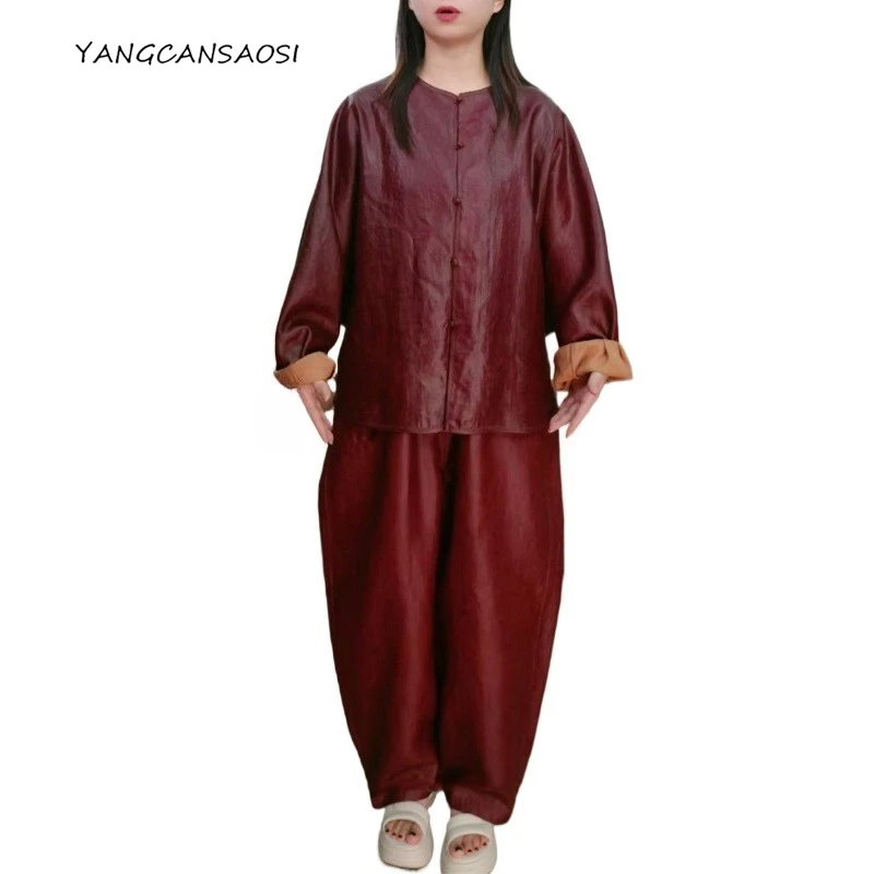 

Reversible Women's Fashion Early Autumn New 100% Natural Mulberry Silk Gambiered Guangdong Gauze Retro Elastic Waist Pants