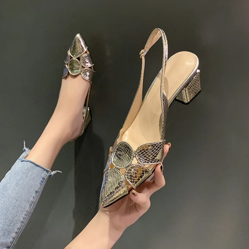 

2024 Summer Pointed Toe Gold Heels Women Shoes Fashion Women Leather Slingbacks Pumps Wedding Bridal High Heeled Shoes