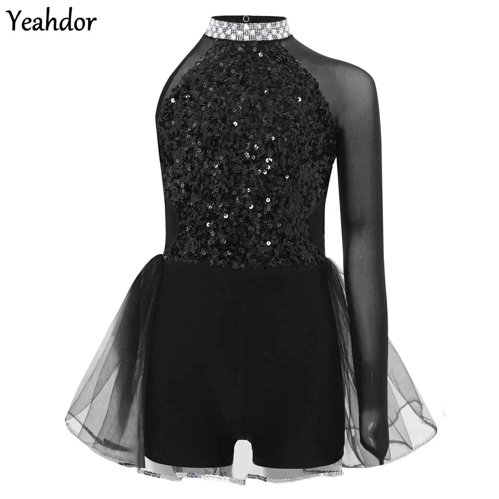 

Kids Girls Ballet Dance Leotard Figure Skating Gymnastics Jumpsuit Sequin Tulle Skirted Asymmetrical Bodysuit Jazz Dance Costume