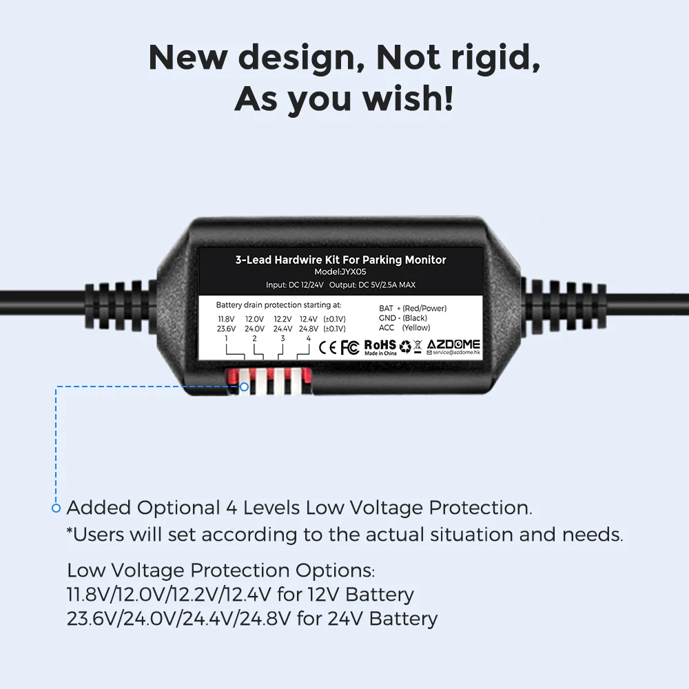 AZDOME JYX05 Car DVR Record Hardwire Kit For M660/M550 Max/M300S/GS63H Pro Low Vol Protection Type-C Port 12V-24V in 5V 2.5A out