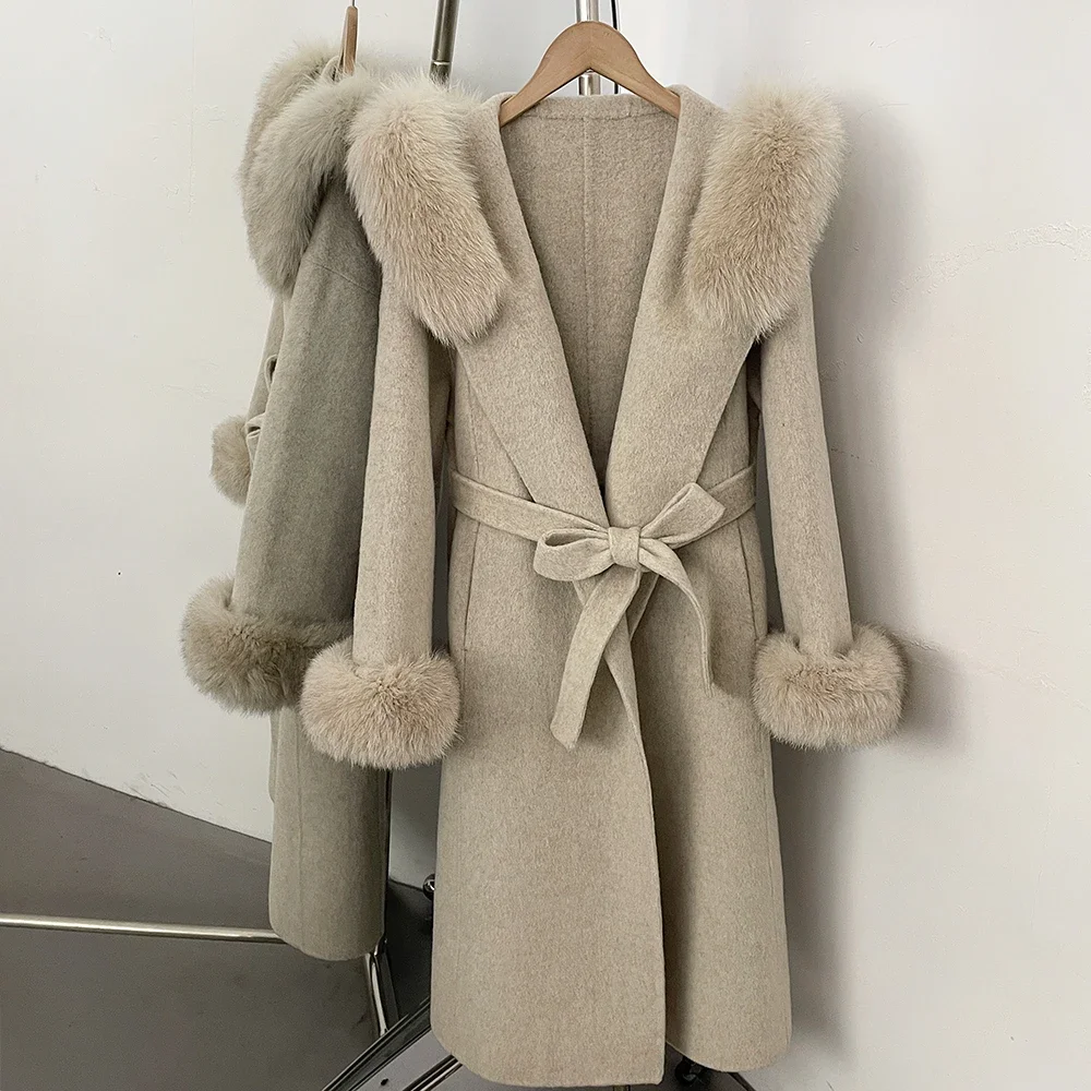 OFTBUY New Winter Warm Hood Solid Woolen Overcoat for Women Long Wool Blend Coat Women Real Fox Fur Belted Waist Jacket Female