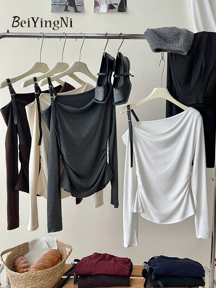 

Beiyingni Spring Autumn y2k Korean Women T-shirts Sexy Off Shoulder Ruched High Street Female Tops Full Sleeve Street Tee Shirts