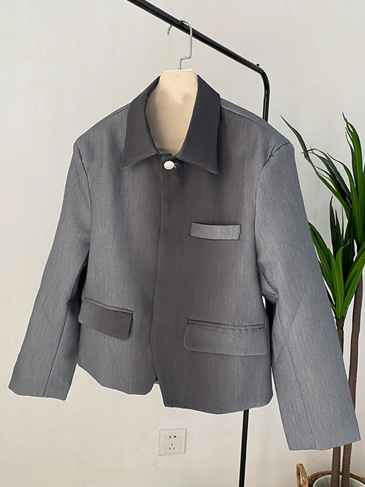 [EAM]  Women Gray Gradual Color Big Size Blazer New Lapel Long Sleeve Loose Fit Jacket Fashion Tide Spring Autumn 2024 1DF1534