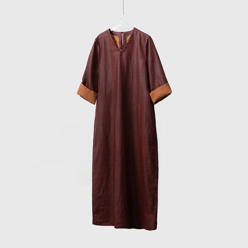 

High Quality Silk Non-Heritage Red Cloud Yarn Oily Leather Old Materials Dress Women's Fragrant Eight-Quarter Sleeve Midi Autumn