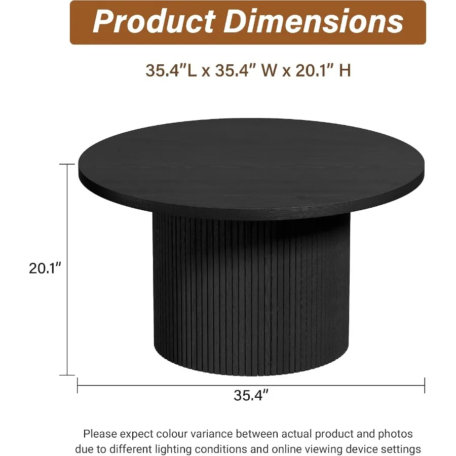 Round coffee table for living room use, solid wood construction, black finish, spacious 35.4-inch diameter surface