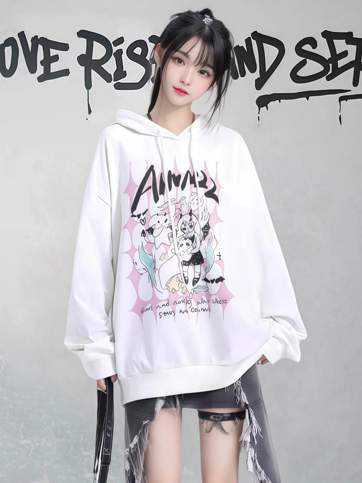 American Cartoon Print Oversized Anime Hoodies Lazy Casual Loose Versatile Long Sleeve Sweet Cool White Sweatshirts Women Autumn