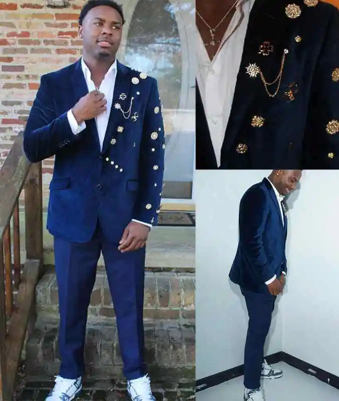 

Simple Velvet Men Suits Set Vintage Notched Lapel Beaded Tuxedos Wedding Groomsmen Party Jacket 2 Piece Formal Dress