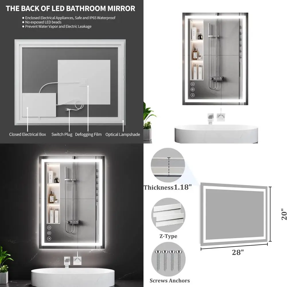 

Illuminated Tempered Glass Bathroom Mirror with Anti-Fog, 3 Color LEDs, Dimmable, Memory Function