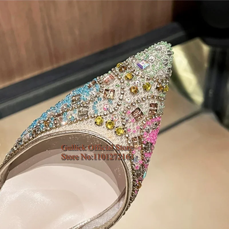 Luxury Crystal Slingback Women High Heel Pumps Gradient Pink-Gold String Bead Pointed Toe Shoes Party Wedding Bridal