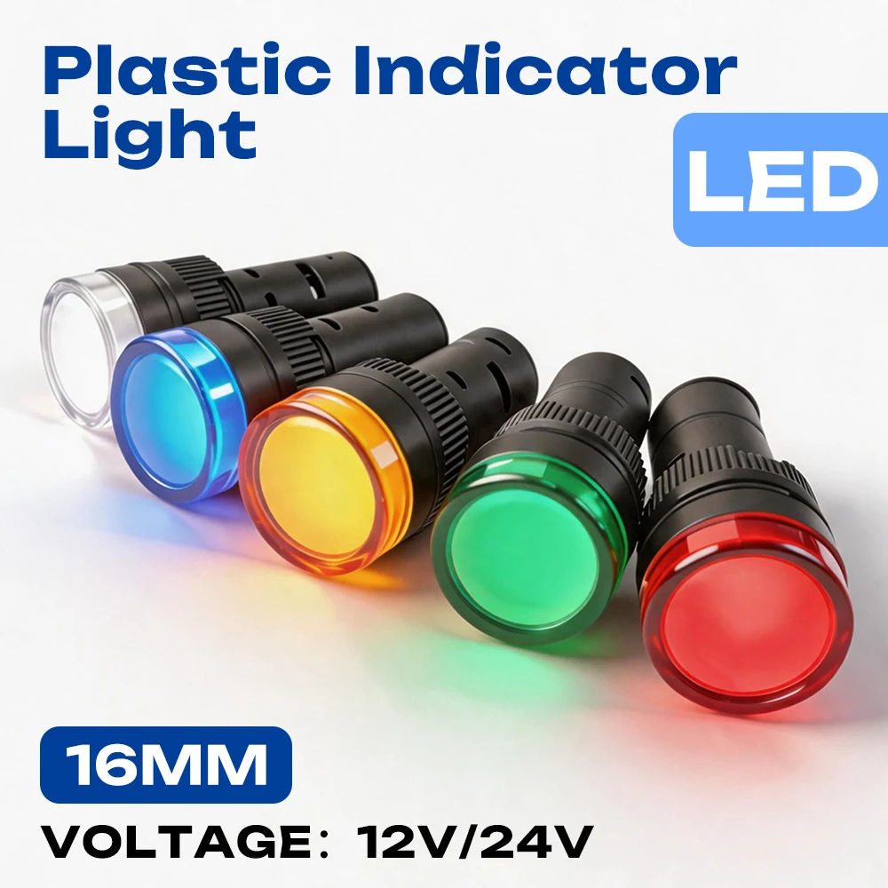 FILN 5PCS 16mm 12V 24V LED Indicator Light Insulation Plastic Signal Pilot Lamp with Waterproof Seal for Machine Control Board