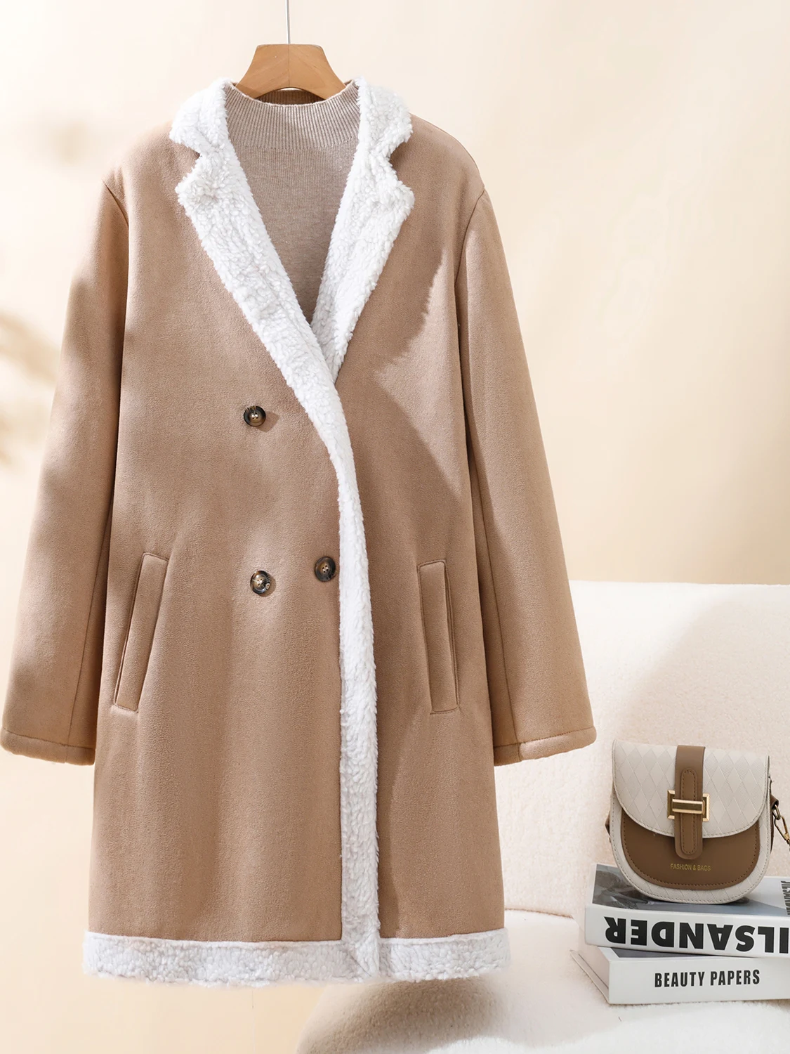 

Моющееся замшевое пальто, шерстяное повседневное теплое женское пальто с отложным воротником средней длины, корейское длинное свековое одинарное ...