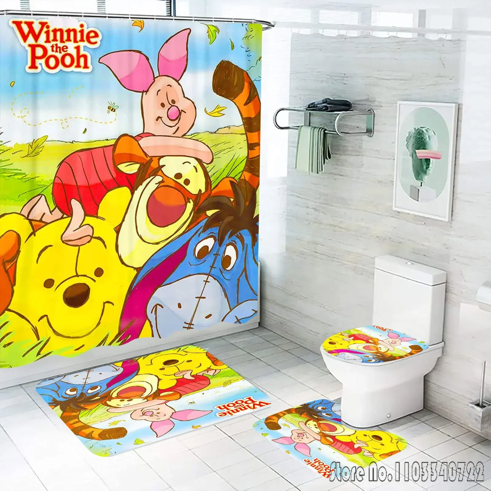 Winnie The Pooh Cartoon Cute Luxury Bathroom Accessories Shower Curtain 4 Piece Set Mats  Anime Waterproof For Curtains Home