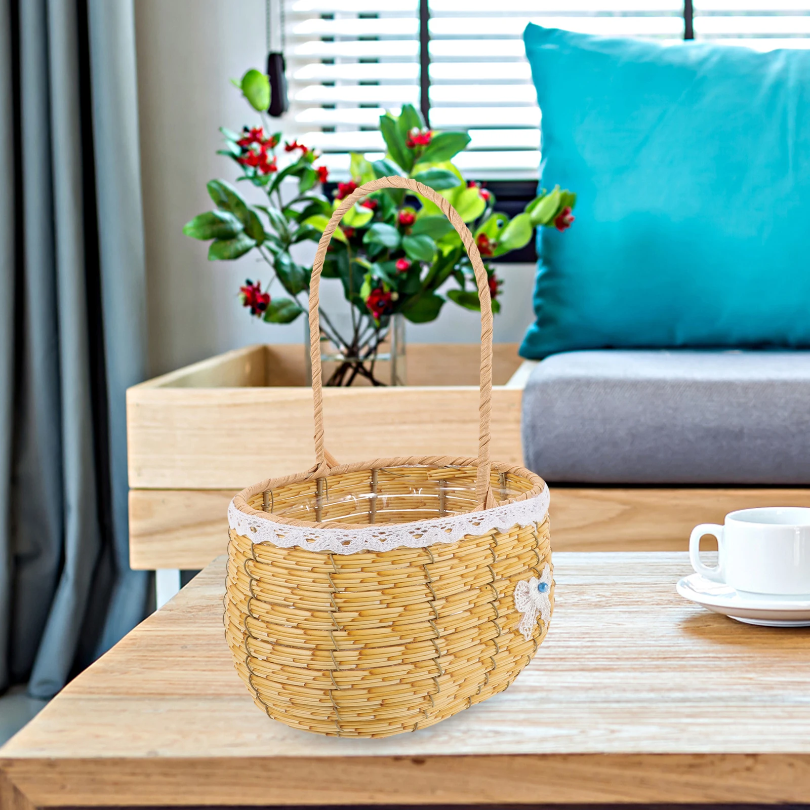 

Rattan Woven Yellow Elliptical Storage H Decorative Flower Woven Basket Bride Gift Tassel H made Wicker Basket