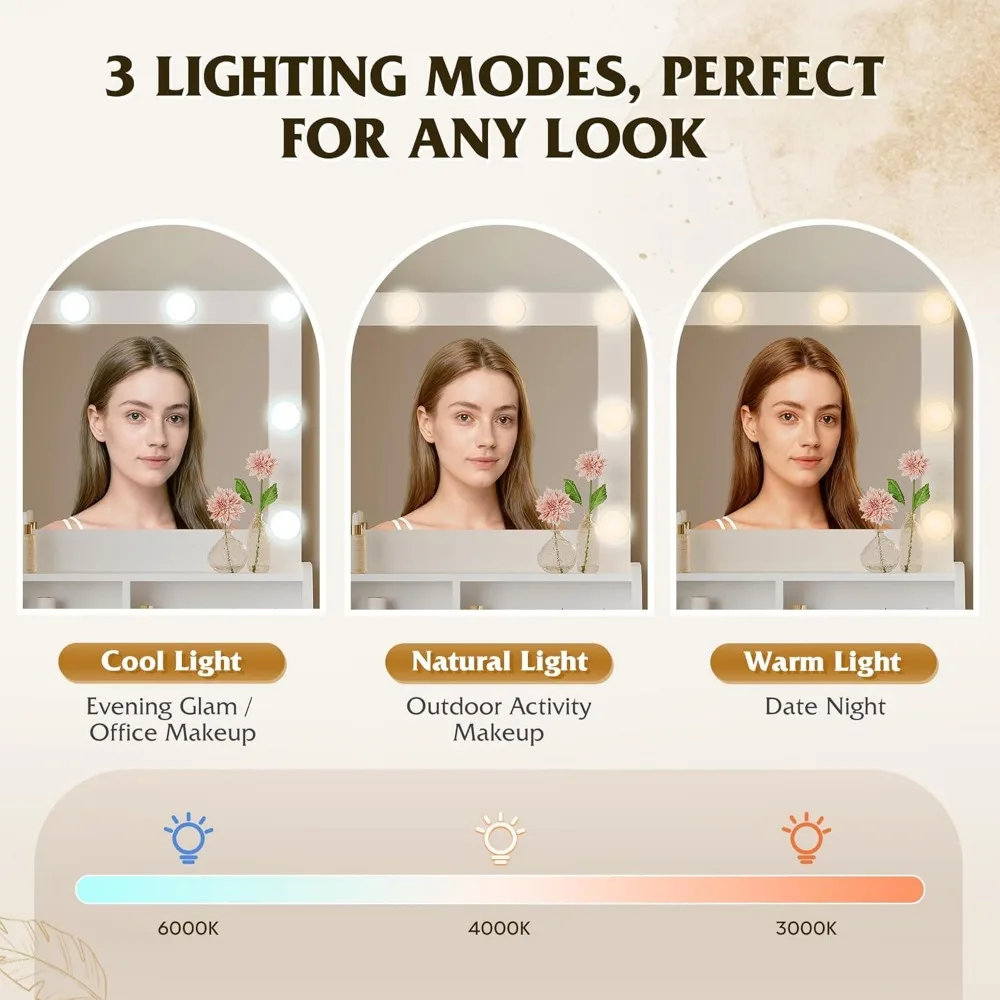 مكتب مكياج مع مرآة و3 أوضاع إضاءة، طاولة تخزين 23.8 مع أرفف لغرفة النوم