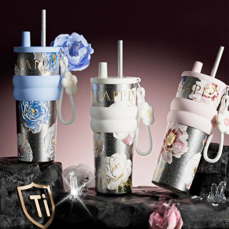 

Pure Titanium Tumbler 710ml,Stylish Car Cup with Straw Ice Retention,Elegant Vacuum Flask for Women Leakproof Travel Gift