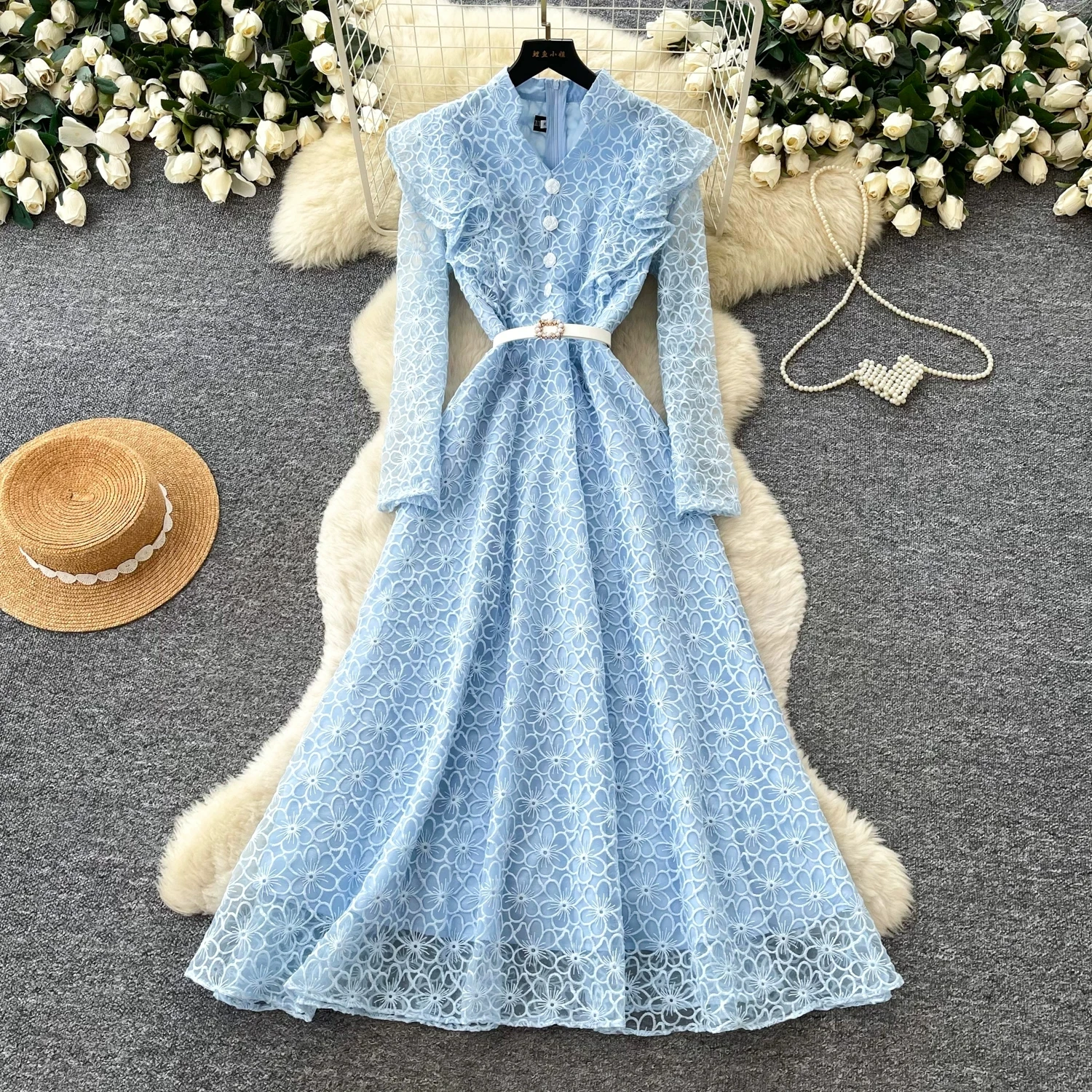 Women Floral Lace Maxi Dress V Neck Ruffle Long Sleeve Belted A‑line Floor Length Dress Wedding Guest Evening Party Robes