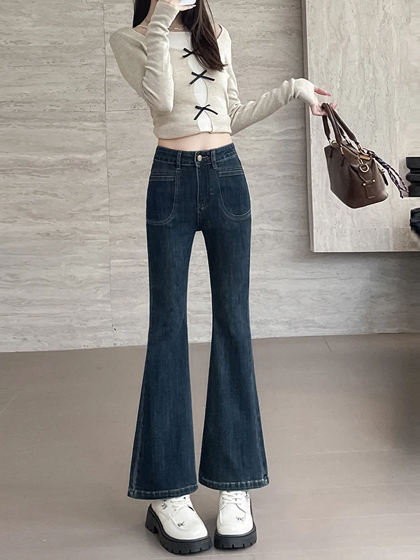 กางเกงยีนส์ทรงขาบานเล็กน้อยเอวสูงสีน้ำเงินสำหรับผู้หญิง ฤดูใบไม้ร่วง 2026 รุ่นใหม่ สไตล์ลำลอง ผ้าฝ้ายยืด