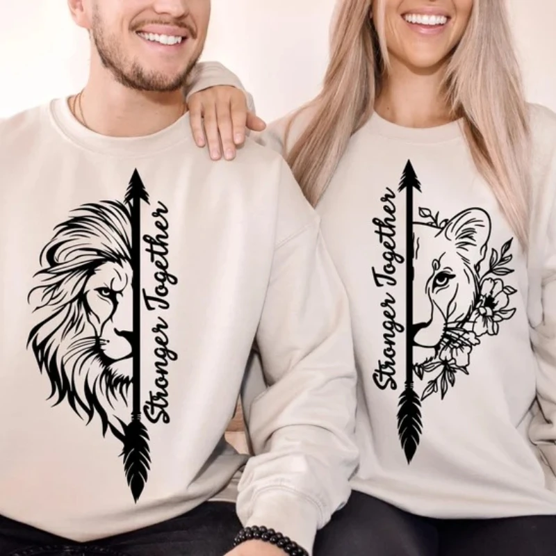Stronger Together Lion Matching Couples Positive Quote Autumn and Winter Thermal Hoodie Long Sleeve Sweatshirt  Adult Pullover