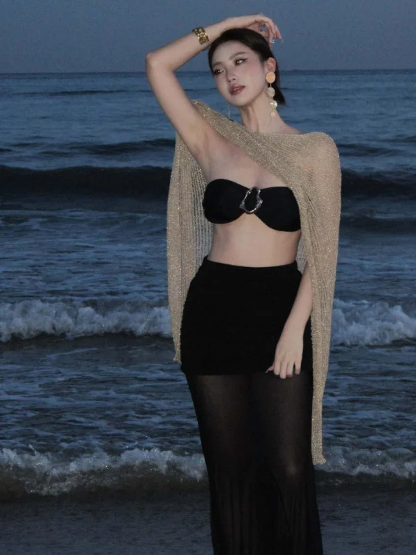 

Золотой вязаный комплект бикини из двух частей с вырезами, летний купальник, универсальный, роскошный, в стиле Golden Age