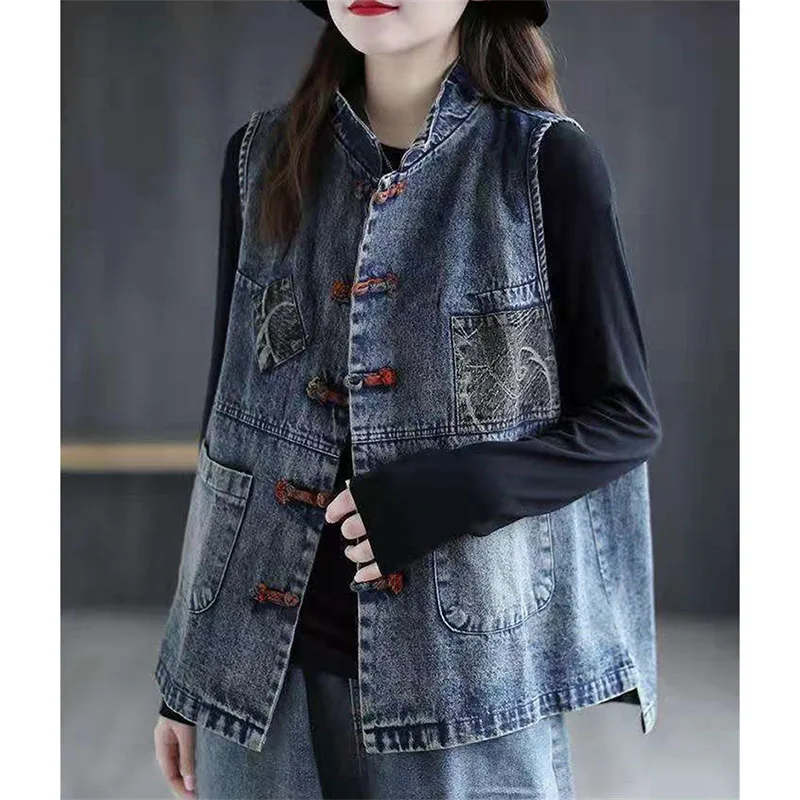 

Spring Summer Lady Large Size 5XL Denim Waistcoat Top Coat Ethnic Women Cowboy Sleeveless Jacket Retro Femme Jeans Vest Outwear