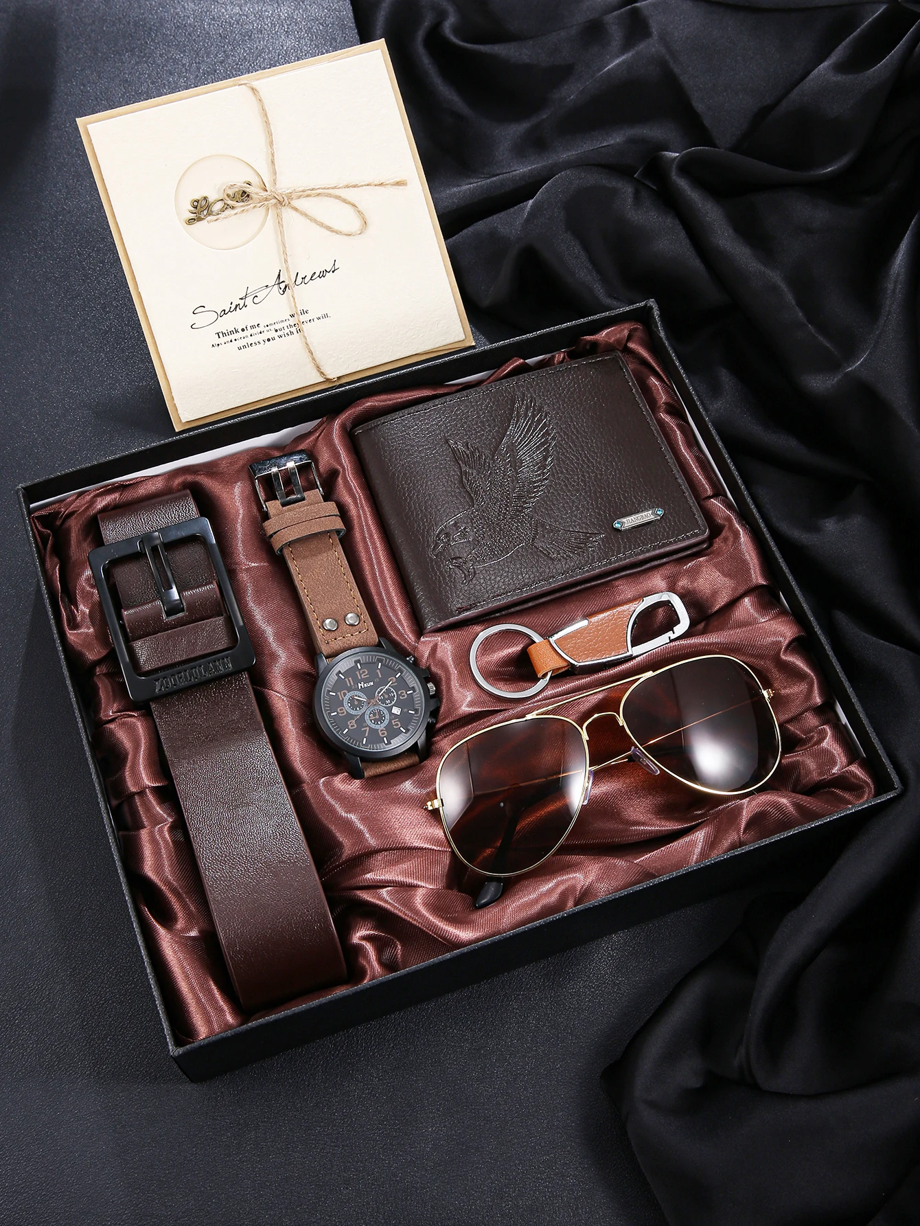 

6pcs men's sports style fashion watches, stylish glasses, belts, keychains, greeting cards, and versatile lightweight wallets, e